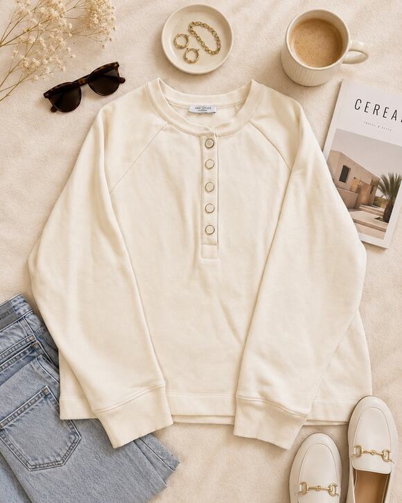Ann Taylor Sweaters - Ann Taylor Cream Button Henley Sweatshirt Pullover Sz L